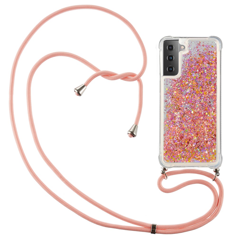 Quicksand TPU Phone Case with Hanging Rope for Samsung Galaxy S21 5G - Pink-1