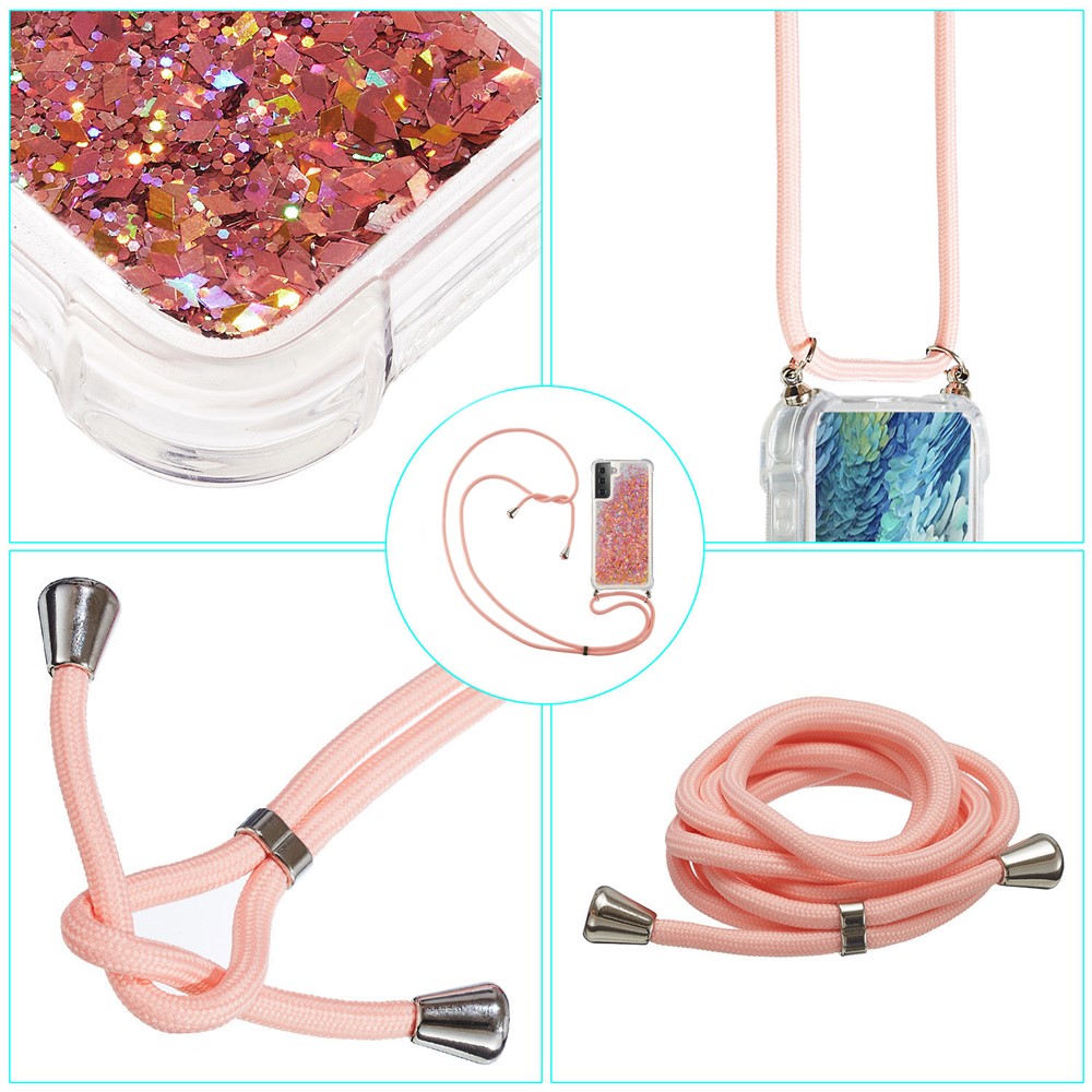 Quicksand TPU Phone Case with Hanging Rope for Samsung Galaxy S21 5G - Pink-4