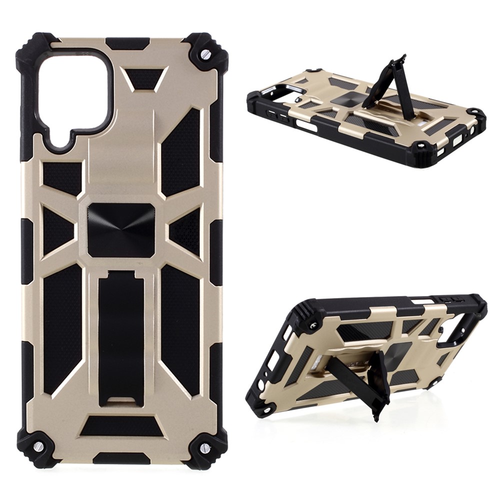 Built-in Magnetic Metal Sheet Design PC+TPU Anti-drop Cover with Kickstand for Samsung Galaxy A12 - Gold-1