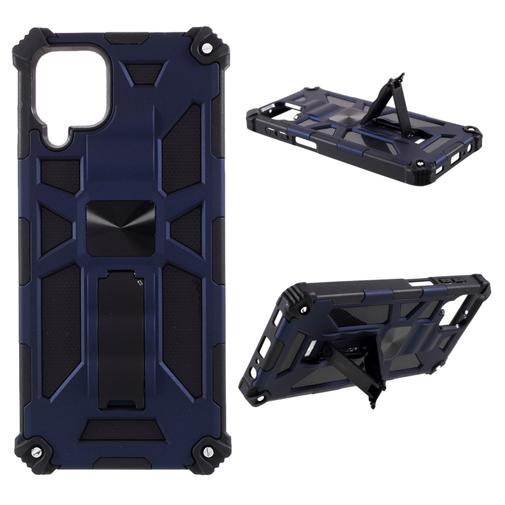 Built-in Magnetic Metal Sheet Design PC+TPU Anti-drop Cover with Kickstand for Samsung Galaxy A12 - Blue-1