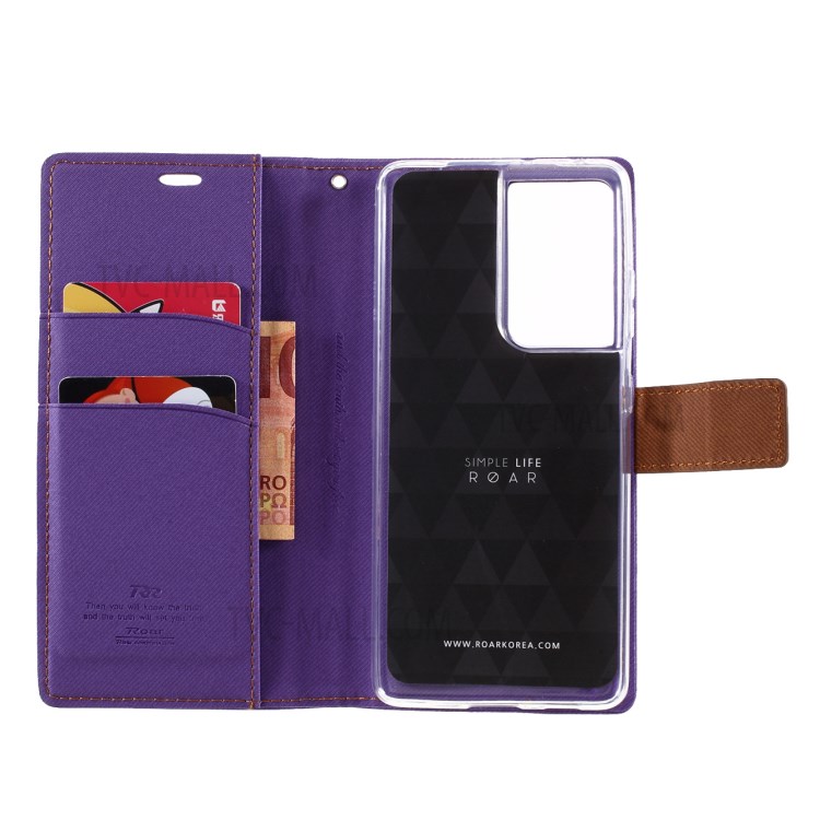 ROAR Wallet Stand Design Twill Grain Folio Flip Leather Case Cover for Samsung Galaxy S21 Ultra - Purple-6