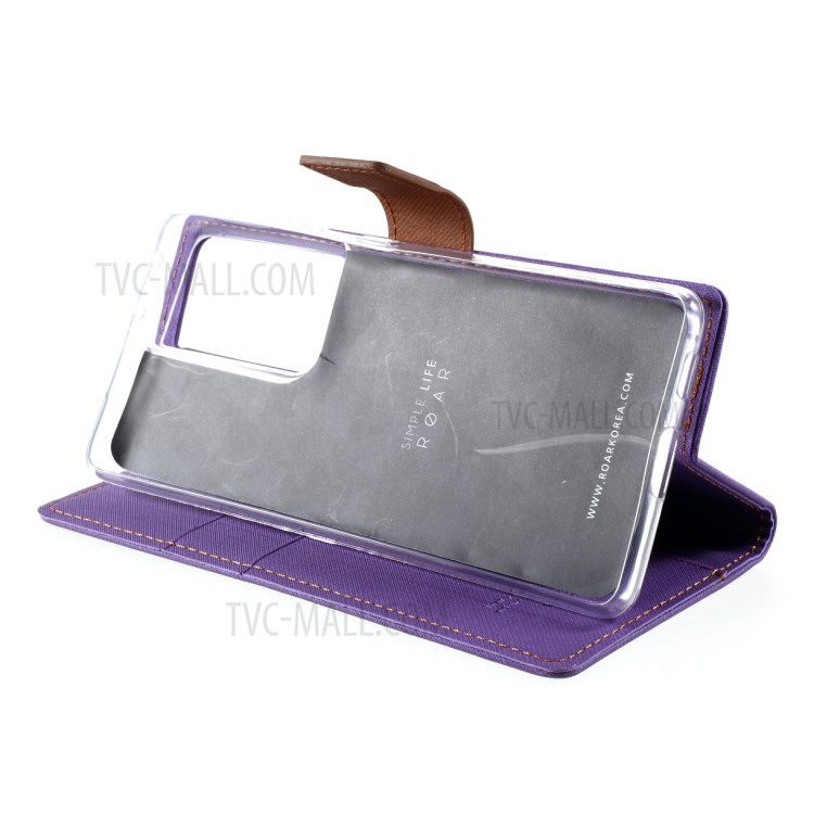ROAR Wallet Stand Design Twill Grain Folio Flip Leather Case Cover for Samsung Galaxy S21 Ultra - Purple-7