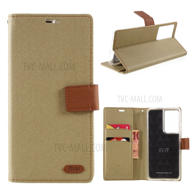 ROAR Wallet Stand Design Twill Grain Folio Flip Leather Case Cover for Samsung Galaxy S21 Ultra 5G - Khaki-1
