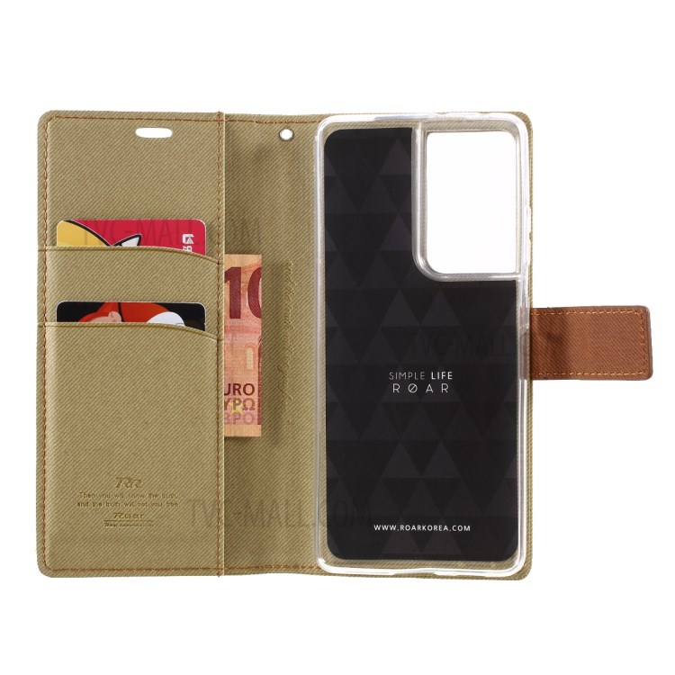 ROAR Wallet Stand Design Twill Grain Folio Flip Leather Case Cover for Samsung Galaxy S21 Ultra 5G - Khaki-6