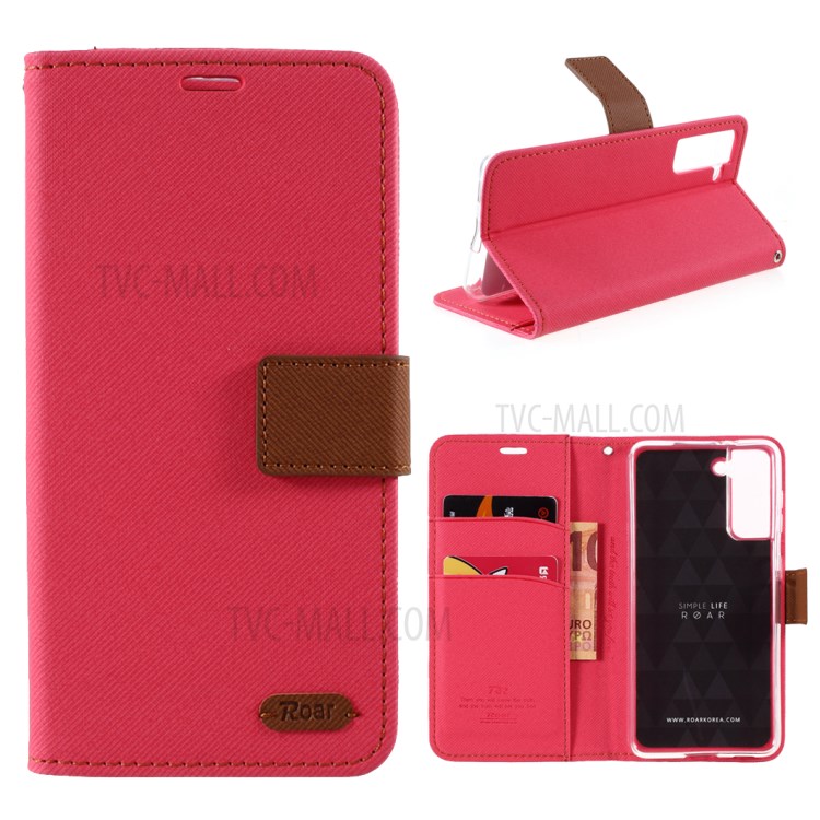 ROAR Twill Grain Cloth Texture Leather Wallet Stand Cover Case for Samsung Galaxy S21 - Rose-1