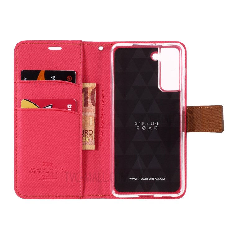 ROAR Twill Grain Cloth Texture Leather Wallet Stand Cover Case for Samsung Galaxy S21 - Rose-6