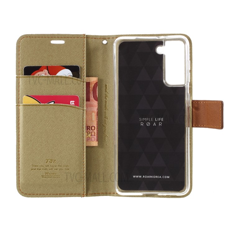 ROAR Twill Grain Cloth Texture Leather Wallet Stand Cover Case for Samsung Galaxy S21 5G - Khaki-6