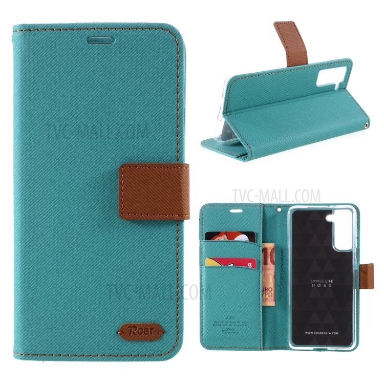 ROAR Twill Grain Cloth Texture Leather Wallet Stand Cover Case for Samsung Galaxy S21 5G - Green-1