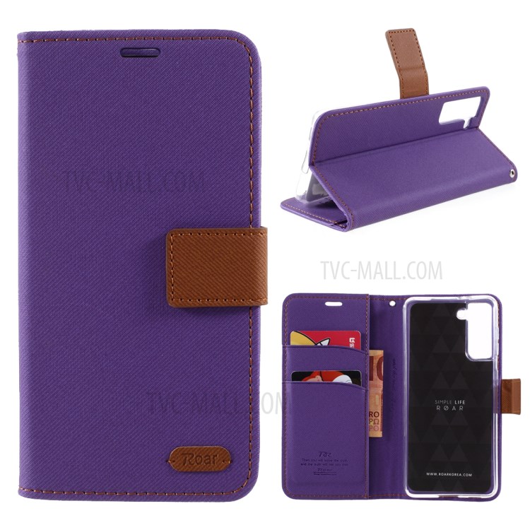 ROAR Twill Grain Cloth Texture Leather Wallet Stand Cover Case for Samsung Galaxy S21 5G - Purple-1