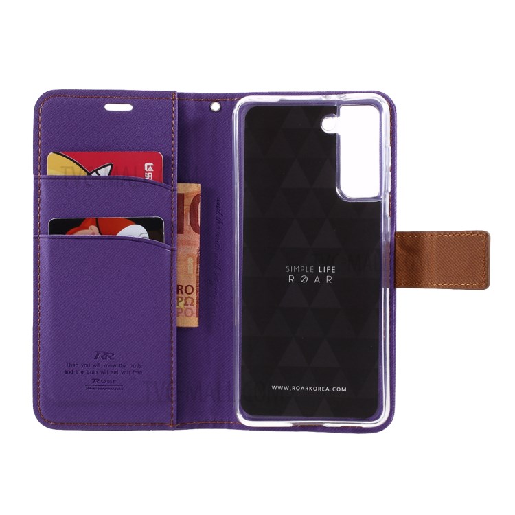 ROAR Twill Grain Cloth Texture Leather Wallet Stand Cover Case for Samsung Galaxy S21 5G - Purple-6