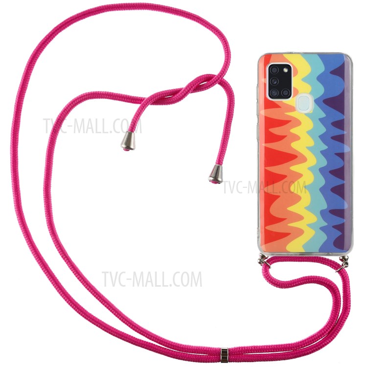 Drop-proof Rainbow Pattern IMD TPU Protective Cover with 60 Inches Strap for Samsung Galaxy A21s - Wave Rainbow-1