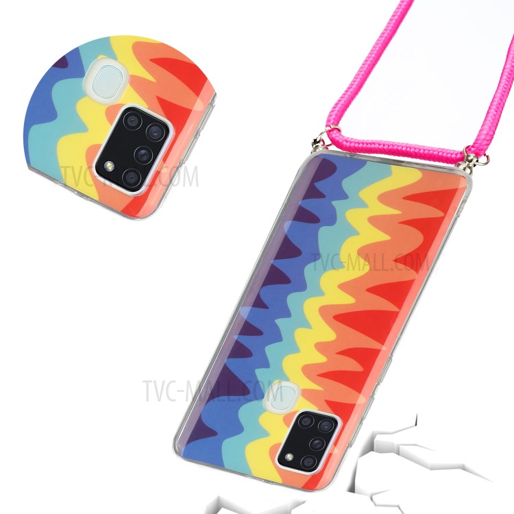 Drop-proof Rainbow Pattern IMD TPU Protective Cover with 60 Inches Strap for Samsung Galaxy A21s - Wave Rainbow-3