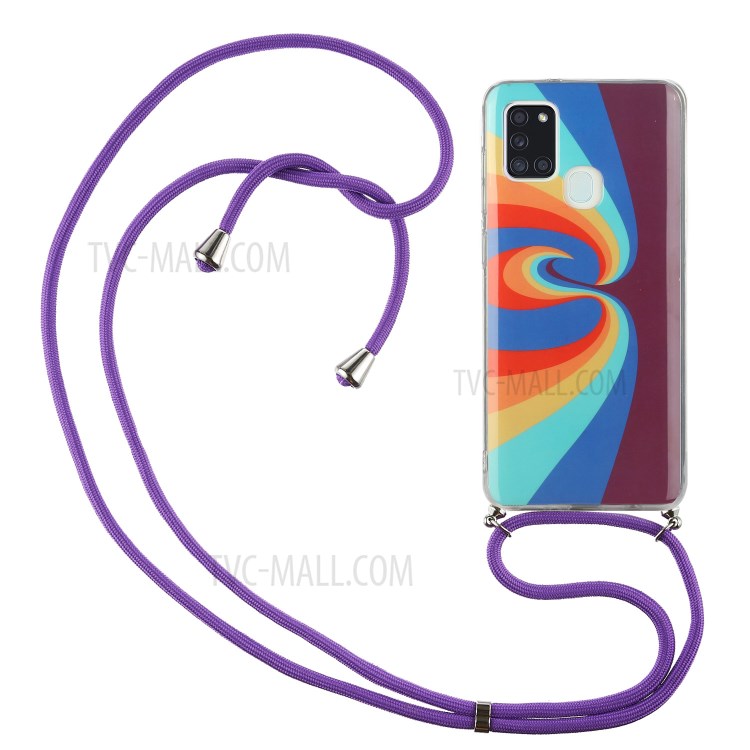 Drop-proof Rainbow Pattern IMD TPU Protective Cover with 60 Inches Strap for Samsung Galaxy A21s - Swirl Rainbow-1