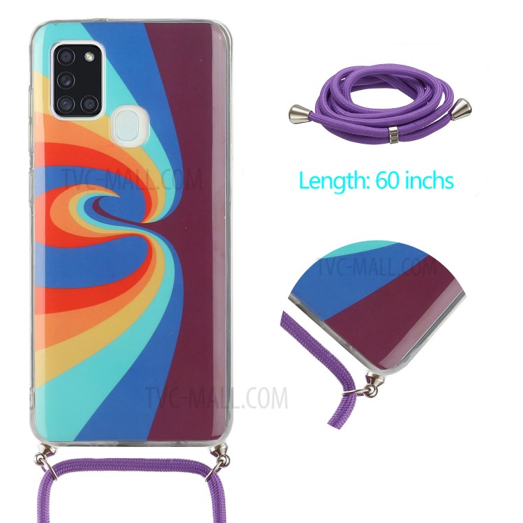 Drop-proof Rainbow Pattern IMD TPU Protective Cover with 60 Inches Strap for Samsung Galaxy A21s - Swirl Rainbow-2