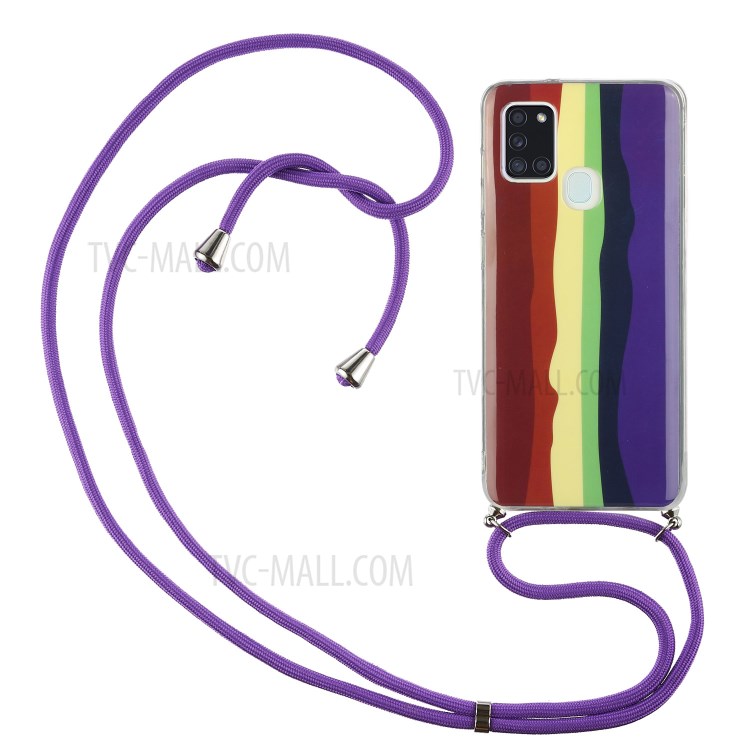 Drop-proof Rainbow Pattern IMD TPU Protective Cover with 60 Inches Strap for Samsung Galaxy A21s - Wine Red and Dark Blue-1