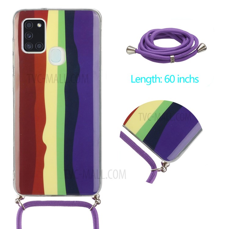 Drop-proof Rainbow Pattern IMD TPU Protective Cover with 60 Inches Strap for Samsung Galaxy A21s - Wine Red and Dark Blue-2