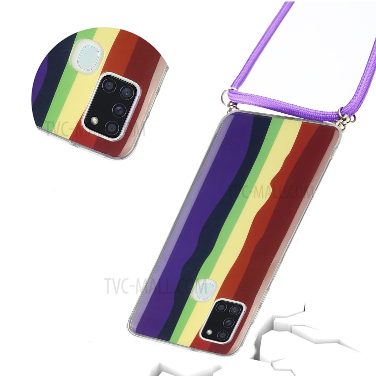 Drop-proof Rainbow Pattern IMD TPU Protective Cover with 60 Inches Strap for Samsung Galaxy A21s - Wine Red and Dark Blue-3