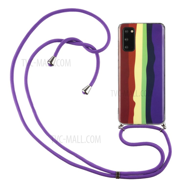 Anti-drop Rainbow Pattern IMD Soft TPU Protective Cover with 60 Inches Strap for Samsung Galaxy S20 FE/S20 FE 5G - Wine Red and Dark Blue-1