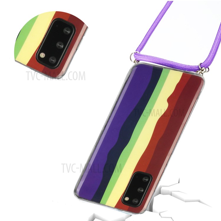 Anti-drop Rainbow Pattern IMD Soft TPU Protective Cover with 60 Inches Strap for Samsung Galaxy S20 FE/S20 FE 5G - Wine Red and Dark Blue-3