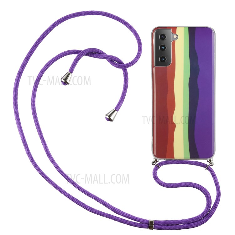 Anti-drop Rainbow Pattern IMD TPU Cell Phone Cover with Handy Strap for Samsung Galaxy S21 Ultra 5G - Wine Red and Dark Blue-1