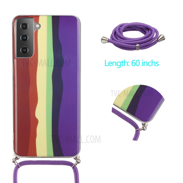 Anti-drop Rainbow Pattern IMD TPU Cell Phone Cover with Handy Strap for Samsung Galaxy S21 Ultra 5G - Wine Red and Dark Blue-2
