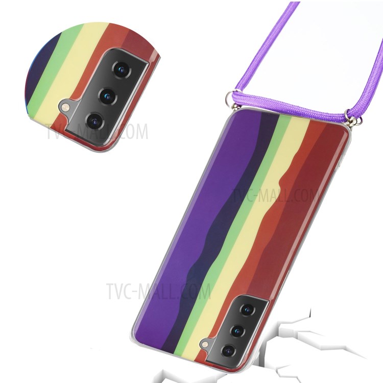 Anti-drop Rainbow Pattern IMD TPU Cell Phone Cover with Handy Strap for Samsung Galaxy S21 Ultra 5G - Wine Red and Dark Blue-3