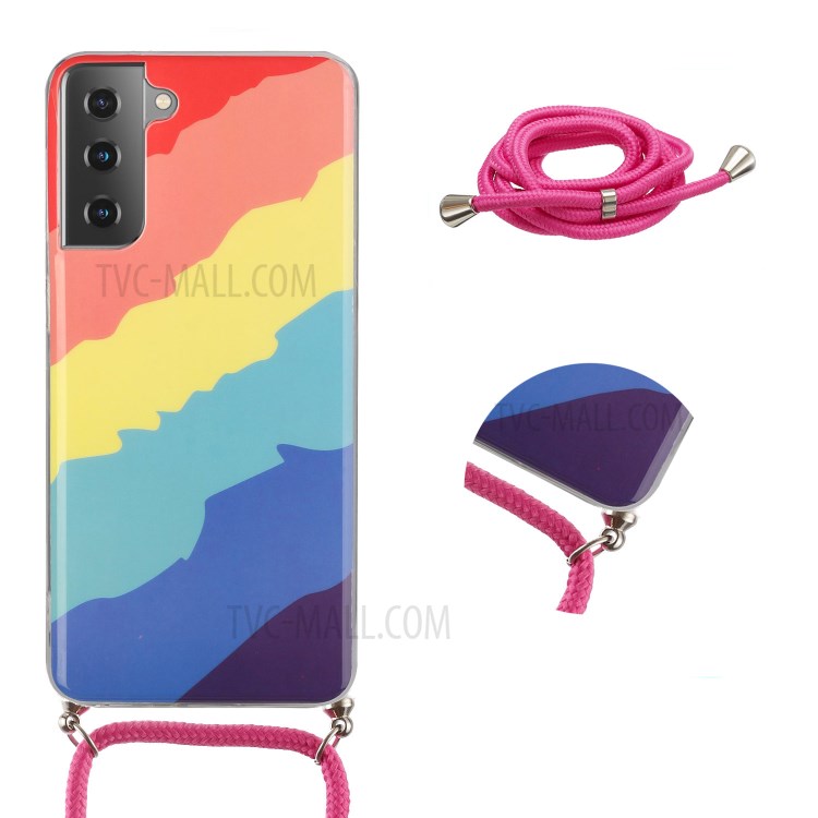 Anti-drop Rainbow Pattern IMD TPU Cell Phone Cover with Handy Strap for Samsung Galaxy S21 Ultra 5G - Twill Rainbow-1