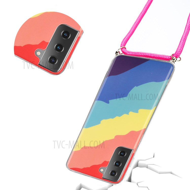 Anti-drop Rainbow Pattern IMD TPU Cell Phone Cover with Handy Strap for Samsung Galaxy S21 Ultra 5G - Twill Rainbow-2
