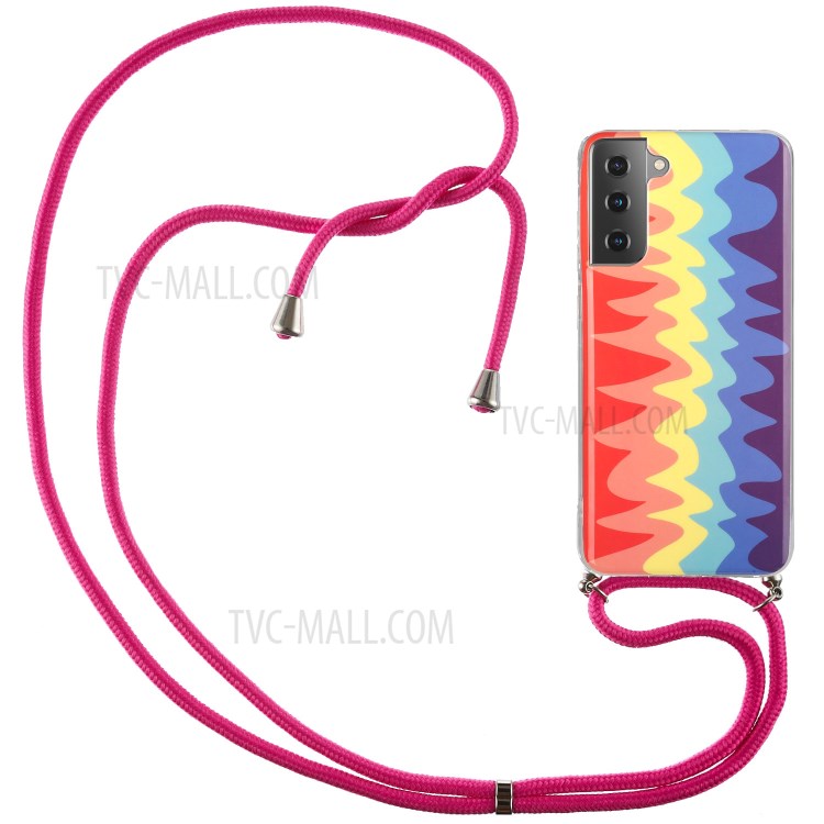 Shock-proof Rainbow Pattern IMD TPU Phone Cover with 60 Inches Strap for Samsung Galaxy S21+ 5G - Wave Rainbow-1