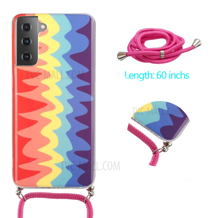Shock-proof Rainbow Pattern IMD TPU Phone Cover with 60 Inches Strap for Samsung Galaxy S21+ 5G - Wave Rainbow-2