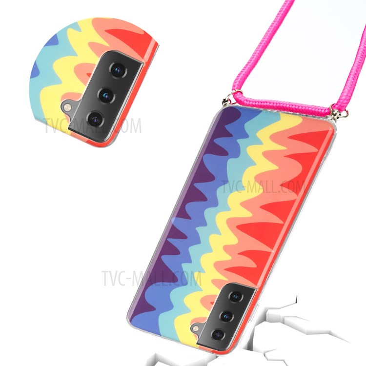 Shock-proof Rainbow Pattern IMD TPU Phone Cover with 60 Inches Strap for Samsung Galaxy S21+ 5G - Wave Rainbow-3