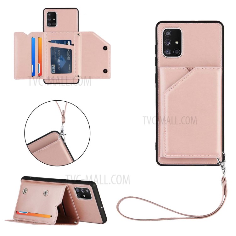 Rubberized Leather Skin TPU Card Holder Phone Stand Case for Samsung Galaxy A71 5G SM-A716 - Rose Gold-1