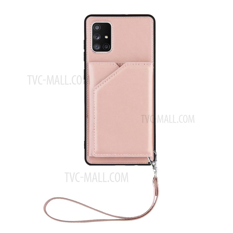 Rubberized Leather Skin TPU Card Holder Phone Stand Case for Samsung Galaxy A71 5G SM-A716 - Rose Gold-2