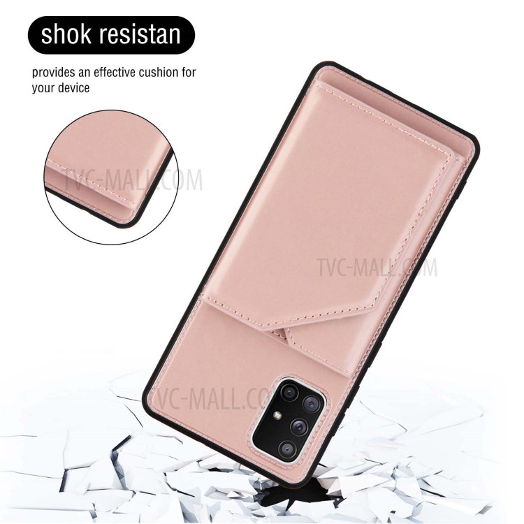 Rubberized Leather Skin TPU Card Holder Phone Stand Case for Samsung Galaxy A71 5G SM-A716 - Rose Gold-4