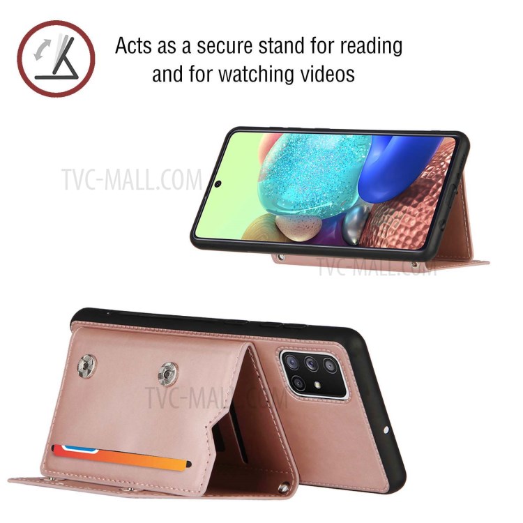 Rubberized Leather Skin TPU Card Holder Phone Stand Case for Samsung Galaxy A71 5G SM-A716 - Rose Gold-5