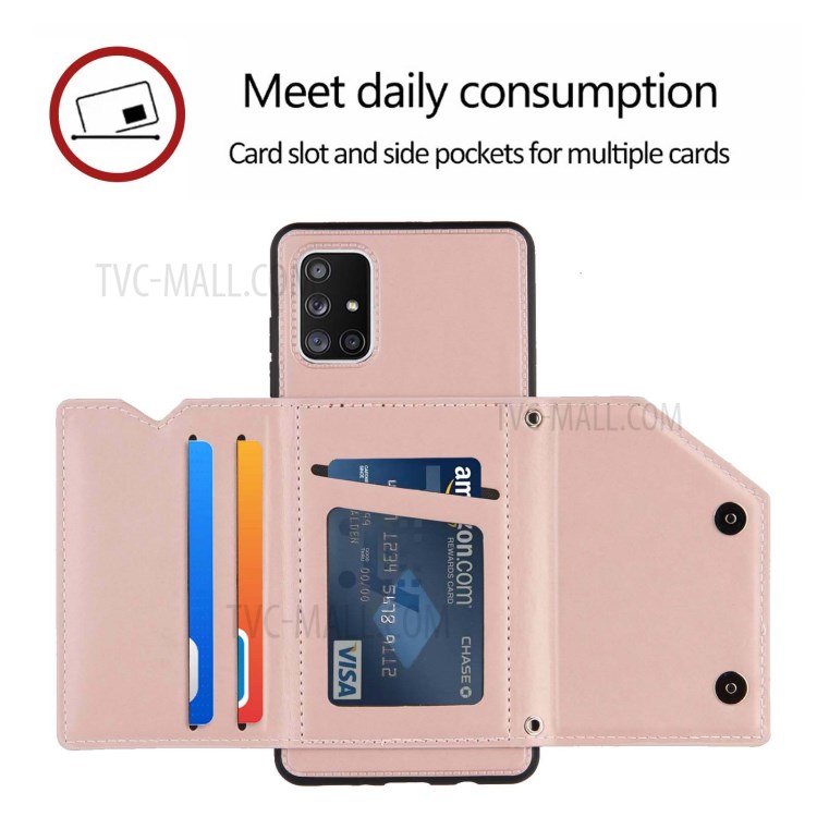 Rubberized Leather Skin TPU Card Holder Phone Stand Case for Samsung Galaxy A71 5G SM-A716 - Rose Gold-6