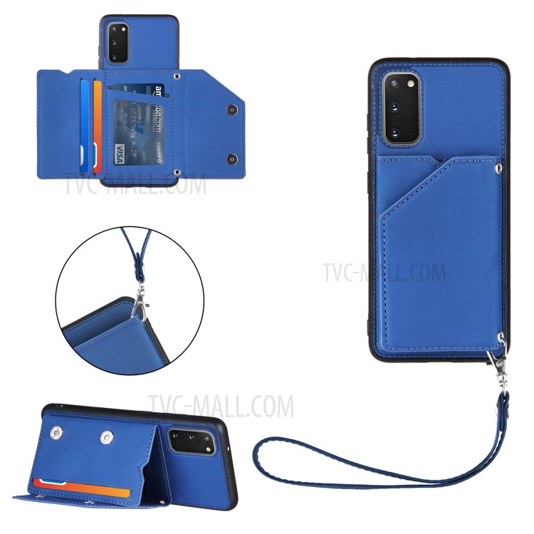 Rubberized Leather Skin Card Holder Design TPU Phone Case with Kickstand for Samsung Galaxy S20 - Blue-1