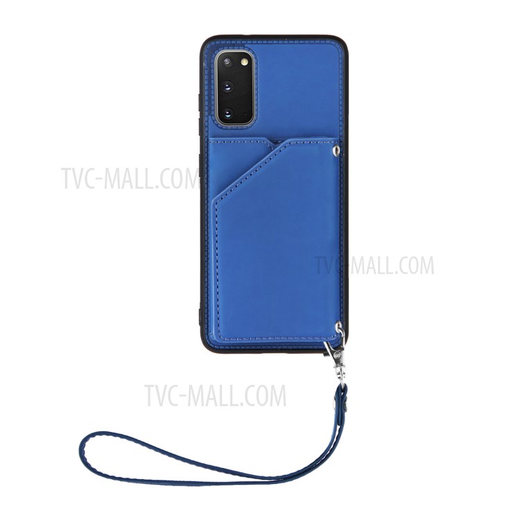 Rubberized Leather Skin Card Holder Design TPU Phone Case with Kickstand for Samsung Galaxy S20 - Blue-2
