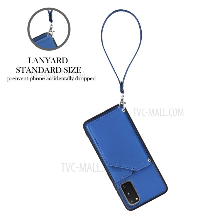 Rubberized Leather Skin Card Holder Design TPU Phone Case with Kickstand for Samsung Galaxy S20 - Blue-3