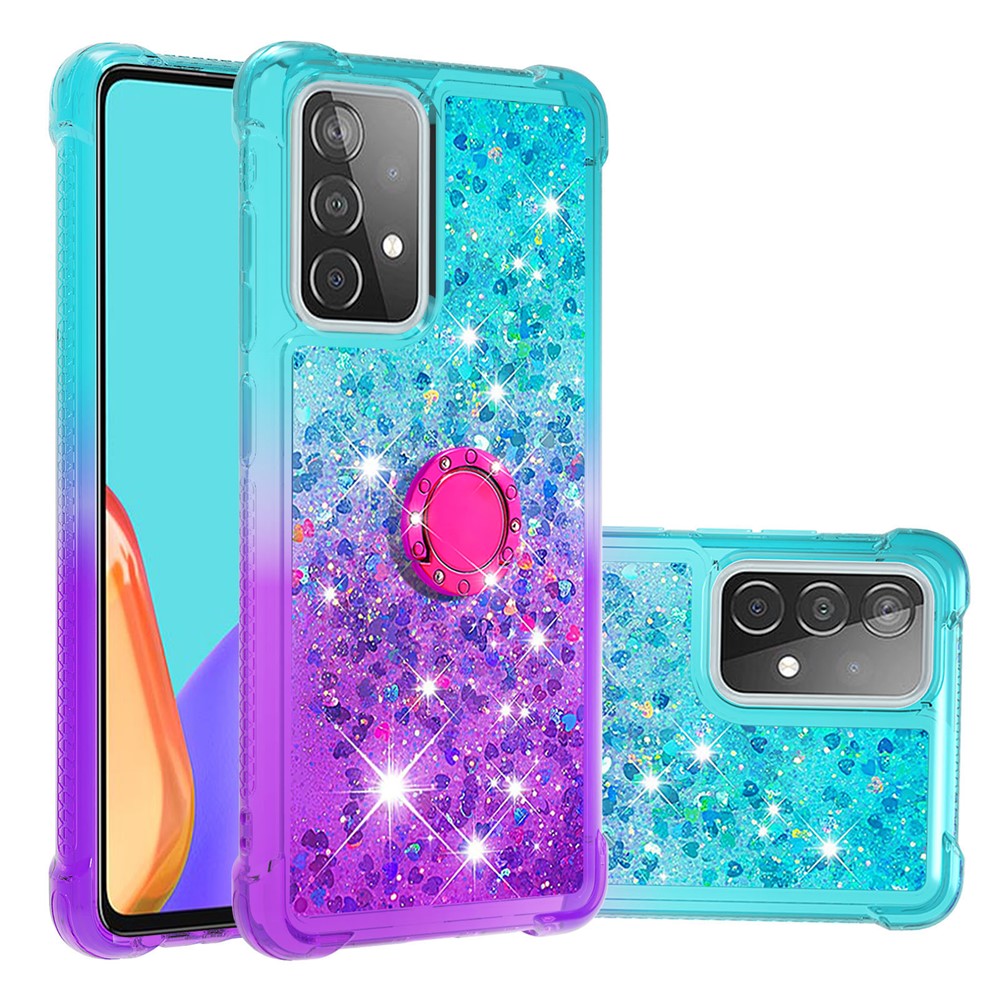 Anti-scratch Gradient Quicksand TPU Shell for Samsung Galaxy A52 5G with Kickstand - Cyan/Purple-1