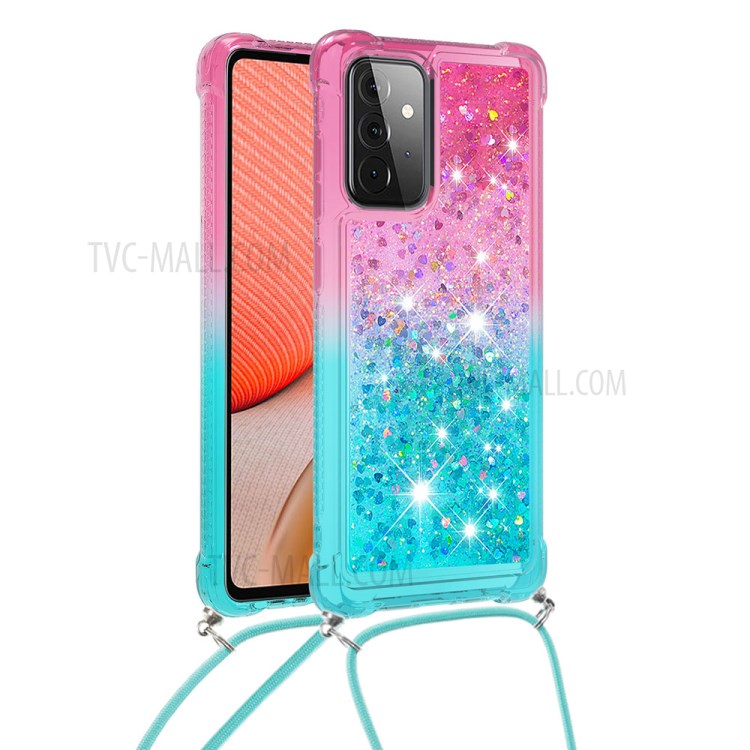 Scratch-resistant Gradient Glitter Powder Quicksand TPU Phone Shell with Strap for Samsung Galaxy A72 5G - Pink/Cyan-1