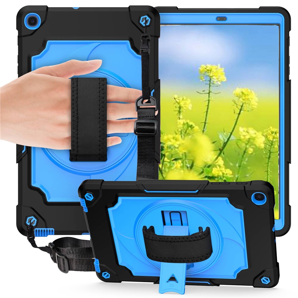 PC y Estuche de Tableta de Silicona Con Una Correa de Mano de Mano Giratoria de 360 ​​° Para Samsung Galaxy Tab A 10.1 (2019) T515 - Azul Negro