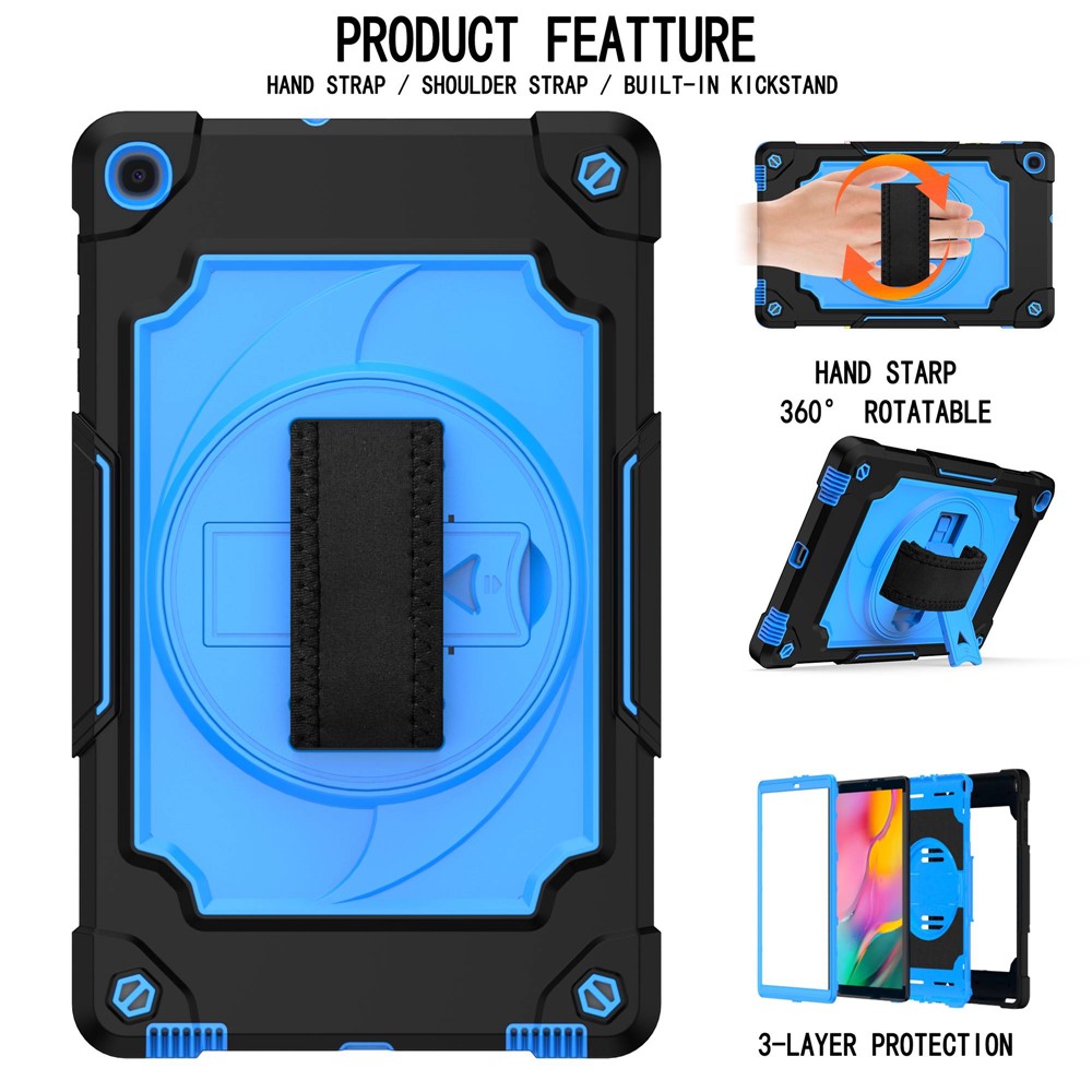 PC y Estuche de Tableta de Silicona Con Una Correa de Mano de Mano Giratoria de 360 ​​° Para Samsung Galaxy Tab A 10.1 (2019) T515 - Azul Negro