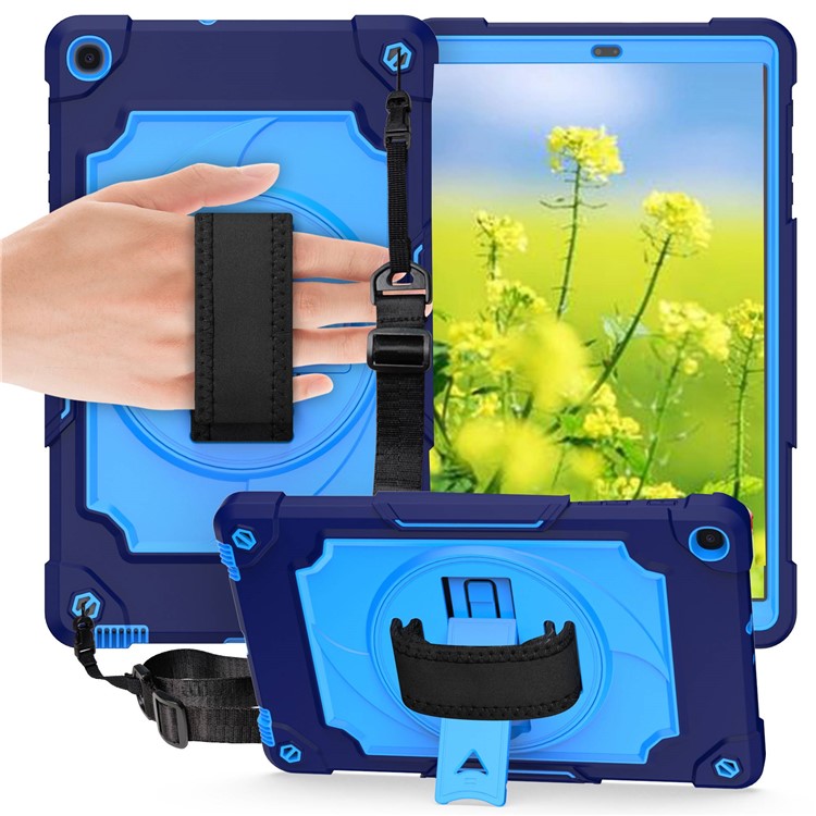 PC and Silicone Tablet Case with 360° Swivel Hand Strap Kickstand for Samsung Galaxy Tab A 10.1 (2019) T515 - Dark Blue/Blue-1
