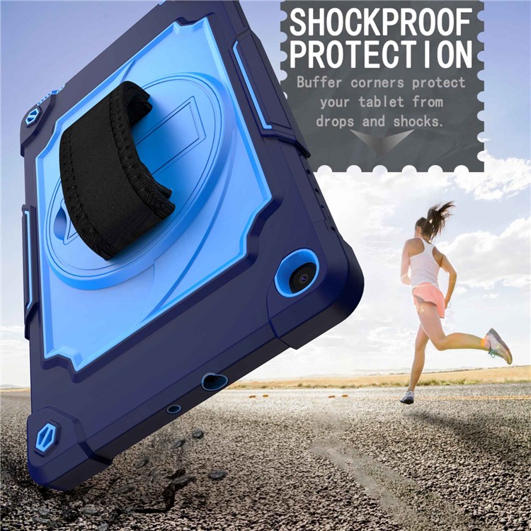 PC and Silicone Tablet Case with 360° Swivel Hand Strap Kickstand for Samsung Galaxy Tab A 10.1 (2019) T515 - Dark Blue/Blue-3
