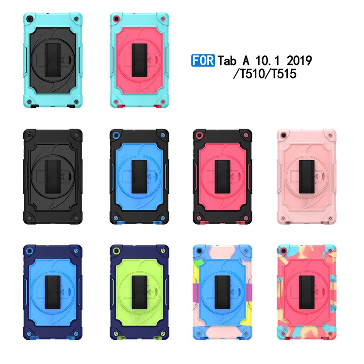 PC and Silicone Tablet Case with 360° Swivel Hand Strap Kickstand for Samsung Galaxy Tab A 10.1 (2019) T515 - Dark Blue/Blue-5