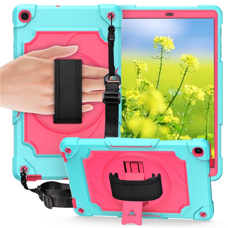 PC and Silicone Tablet Case with 360° Swivel Hand Strap Kickstand for Samsung Galaxy Tab A 10.1 (2019) T515 - Sky Blue/Pink-1