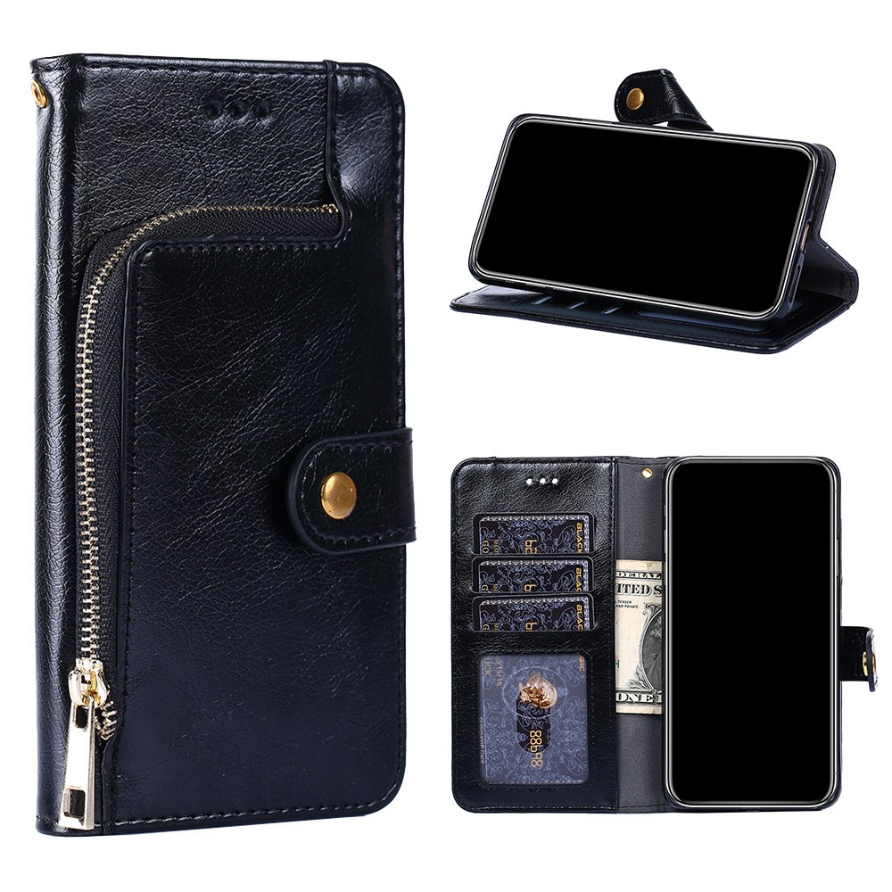 Leather Phone Case with Zipper Pocket for Samsung Galaxy A42 5G Wallet Stand Design Shell - Black-1