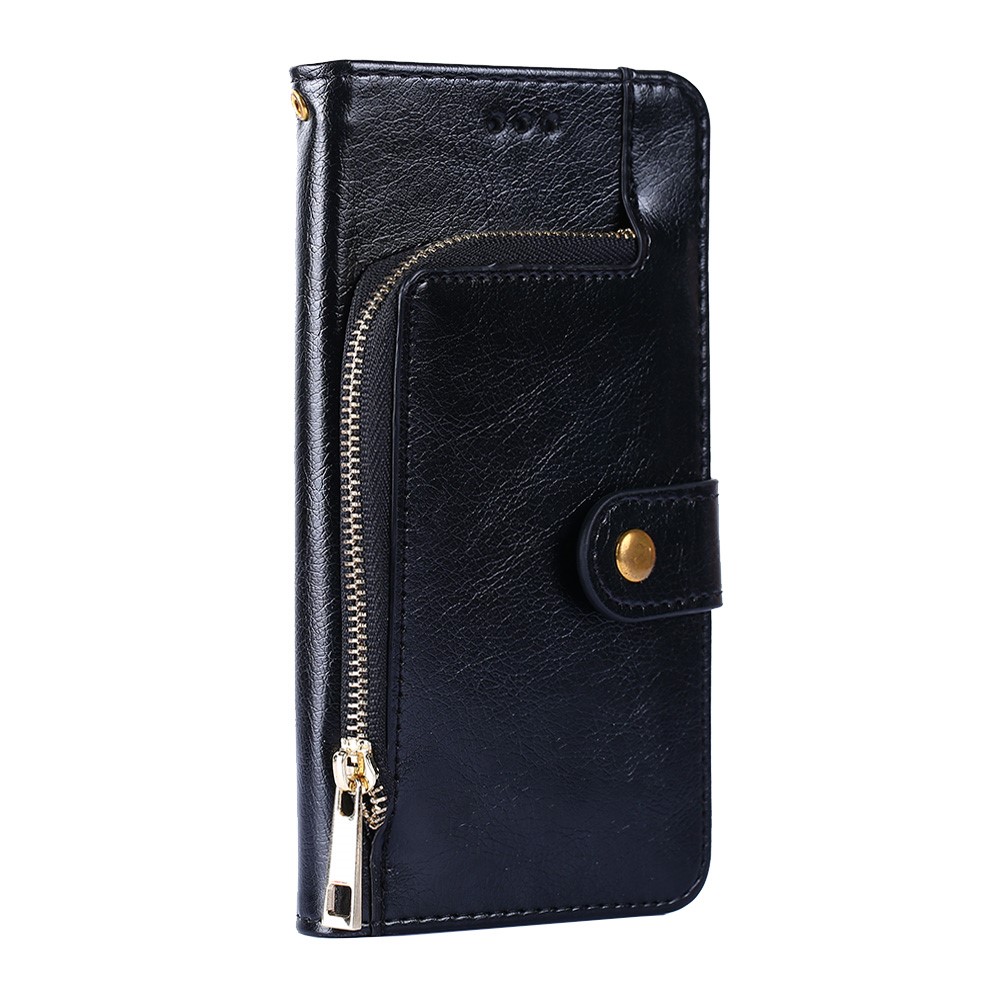 Leather Phone Case with Zipper Pocket for Samsung Galaxy A42 5G Wallet Stand Design Shell - Black-2