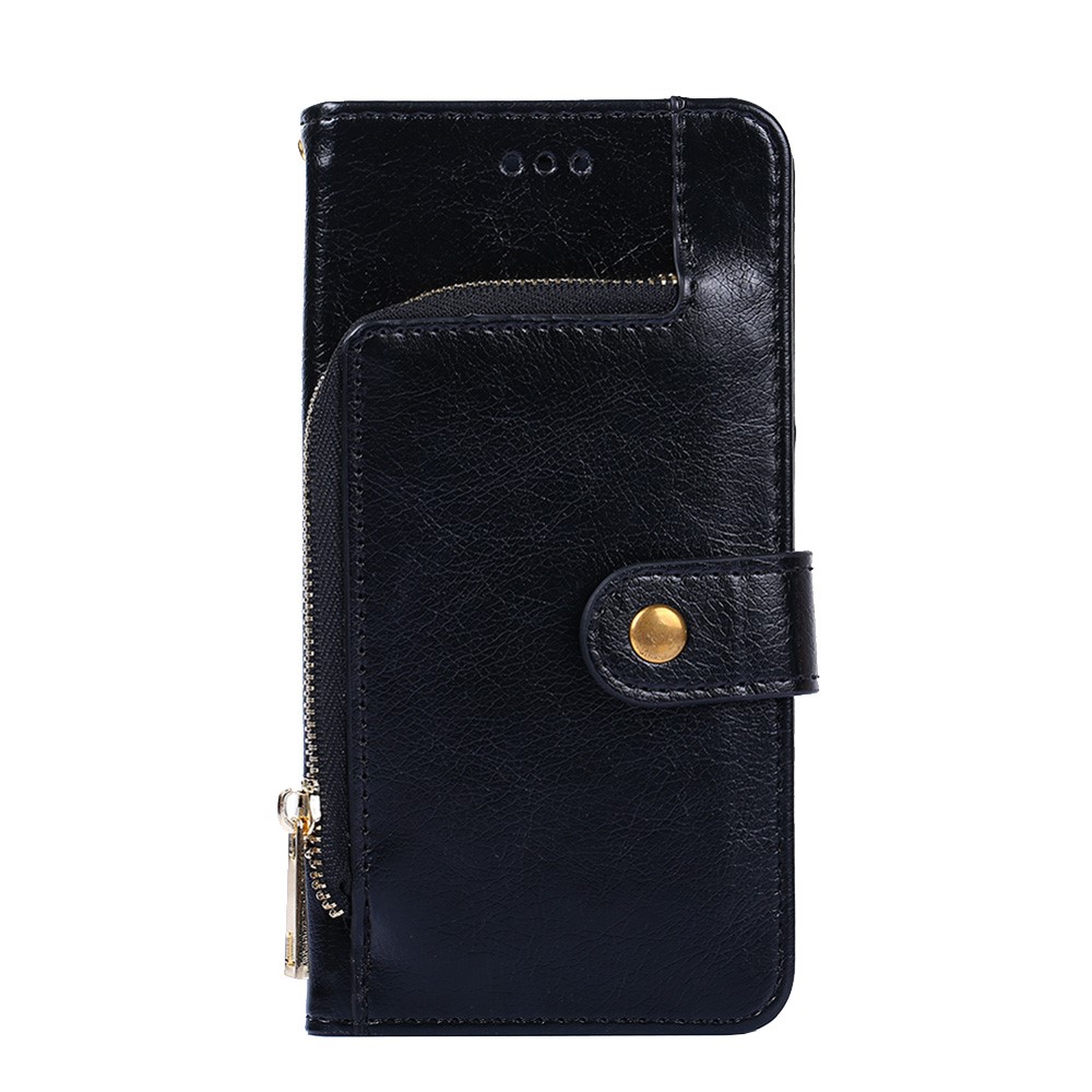 Leather Phone Case with Zipper Pocket for Samsung Galaxy A42 5G Wallet Stand Design Shell - Black-5